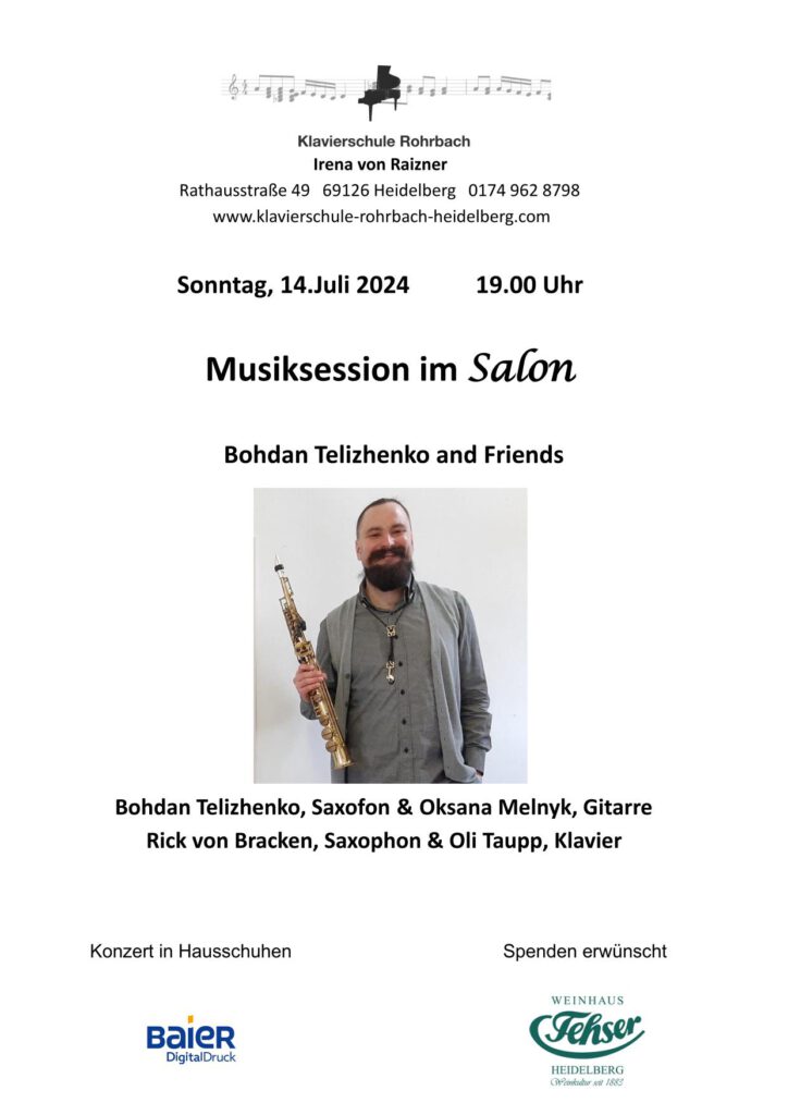 Musikesssion im Salon am 14. Juli 2024 mit Bohdan Telizhenko (Saxophon), Oksana Melnyk (Gitarre), Rick von Bracken (Saxophon) und Oli Taub (Klavier)